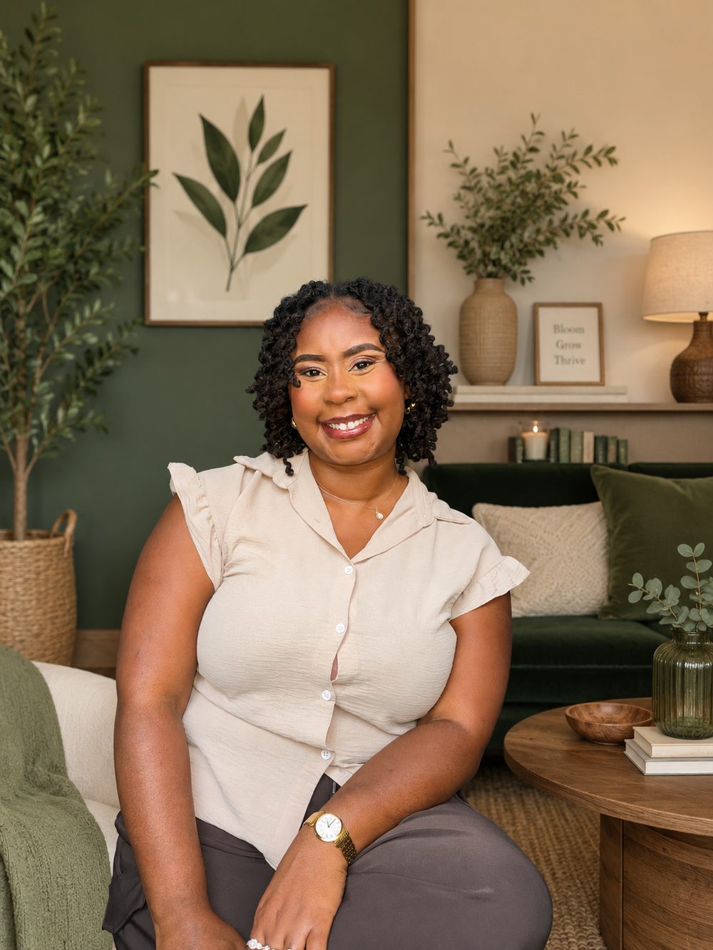 Shonta J. Caruthers in a calm, plant-filled room